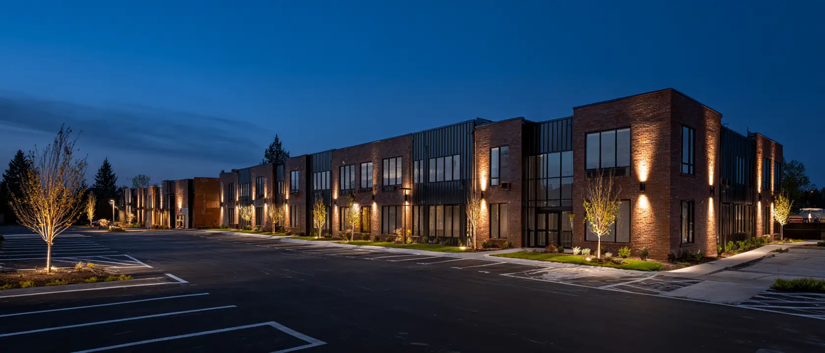 A two storey brick office and flex park at dusk, its facade uplit above an empty parking lot