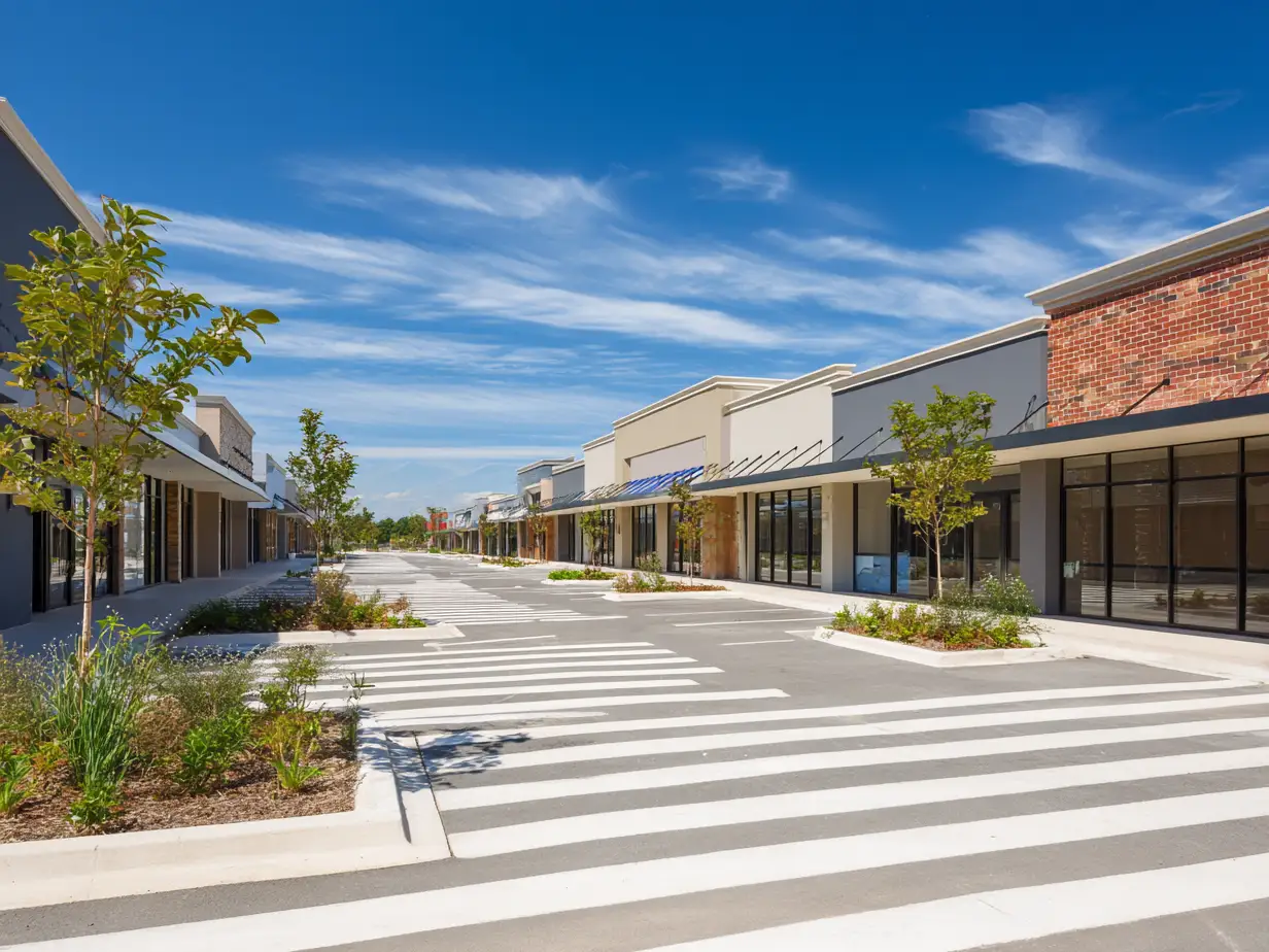A multi-tenant retail centre of low storefronts, seen across its striped parking lot