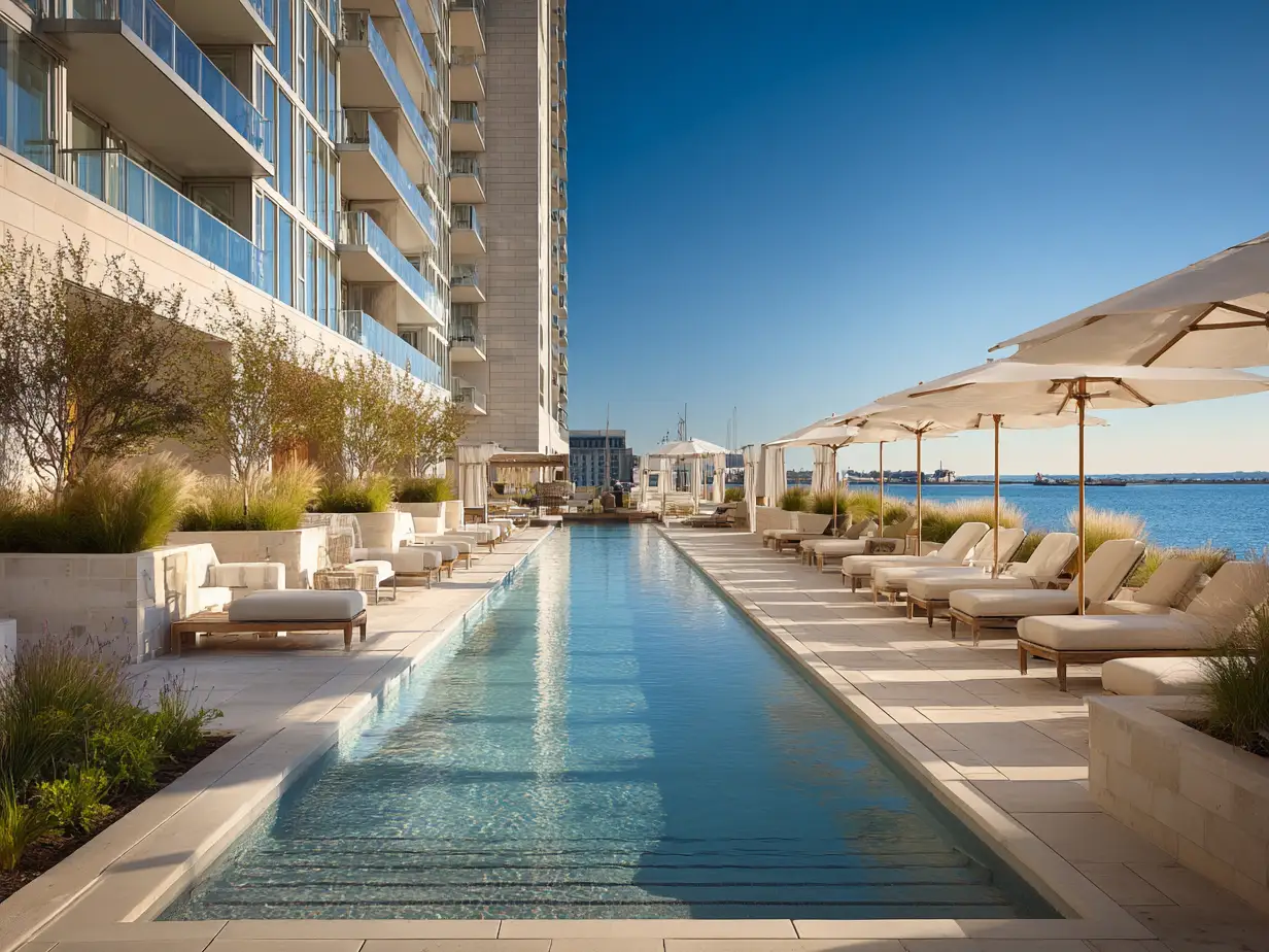 The pool deck of a modern condominium building, loungers and umbrellas set out along the water