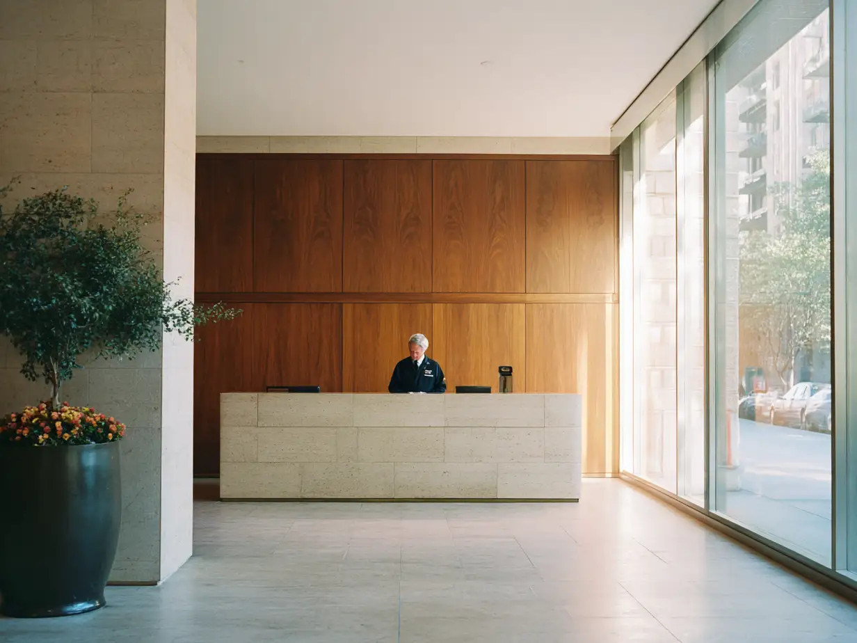 A doorman at work behind the stone front desk of a modern high rise residential lobby