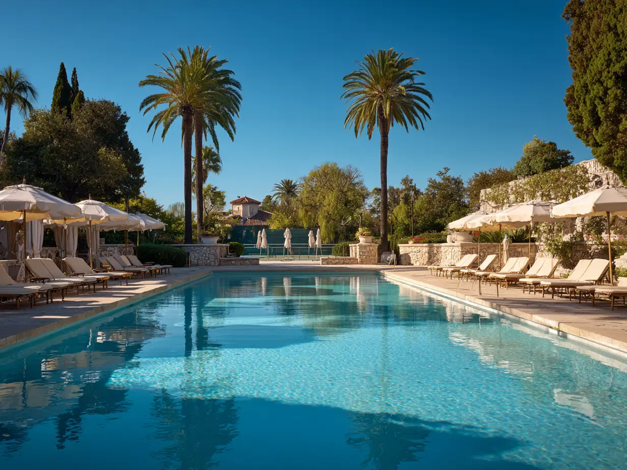 The pool terrace at a gated community clubhouse, loungers and umbrellas set out beside still water