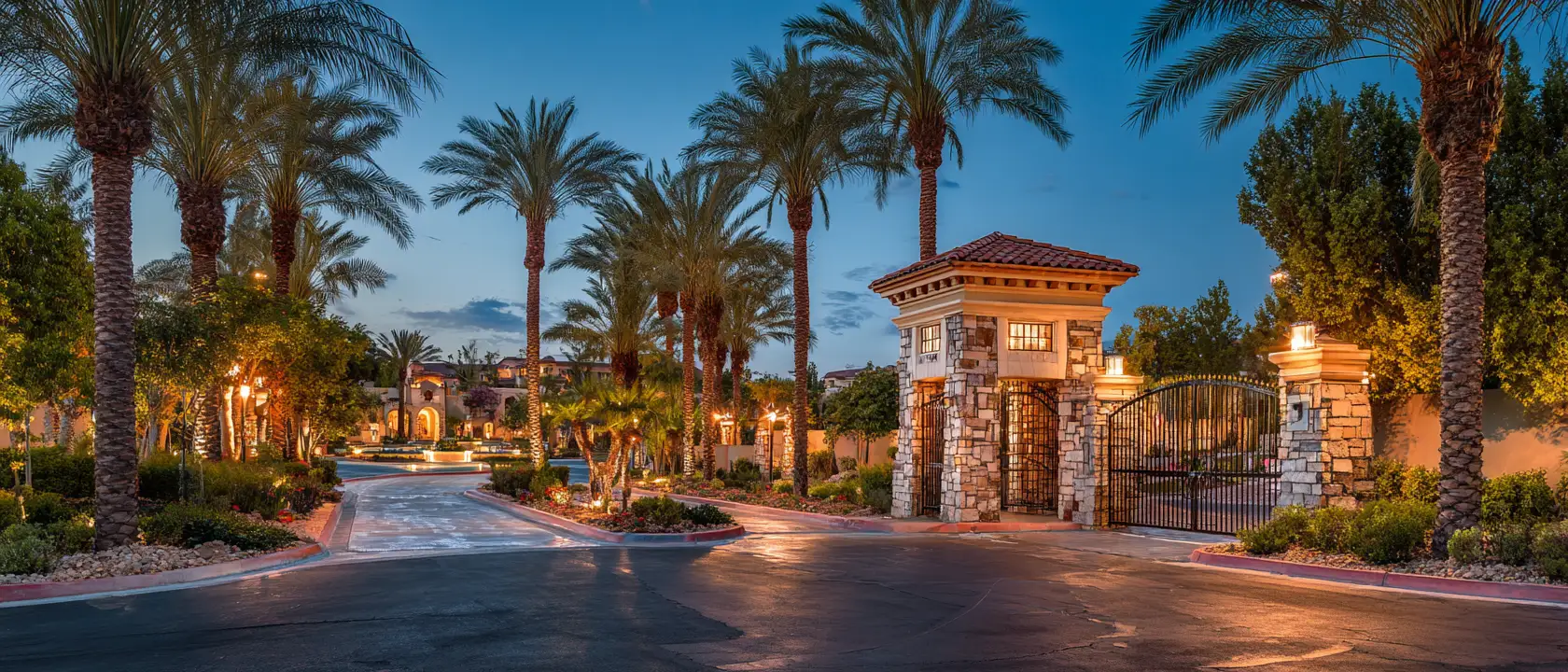 The lit stone guardhouse and closed gates at the entrance of a gated community at dusk