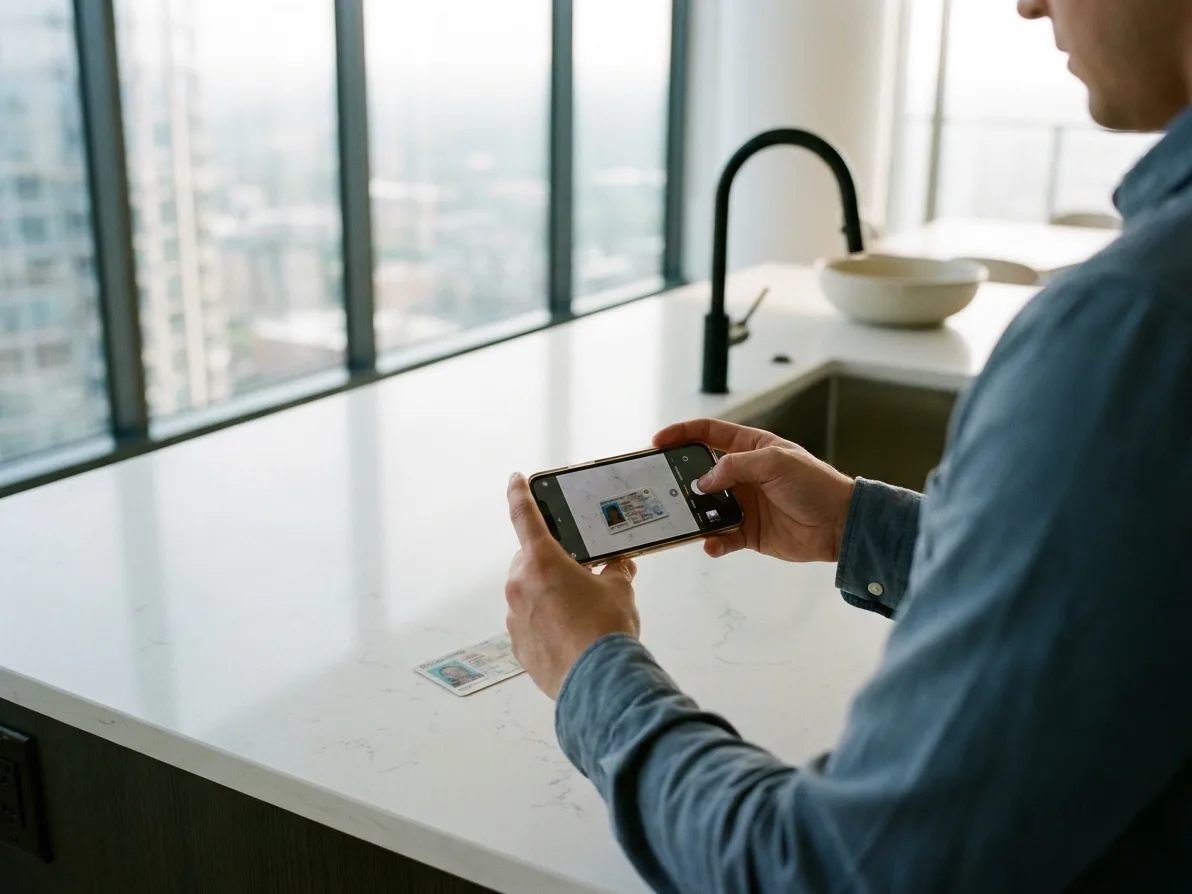 A person at a kitchen island in a modern apartment photographing their driver's license with a phone