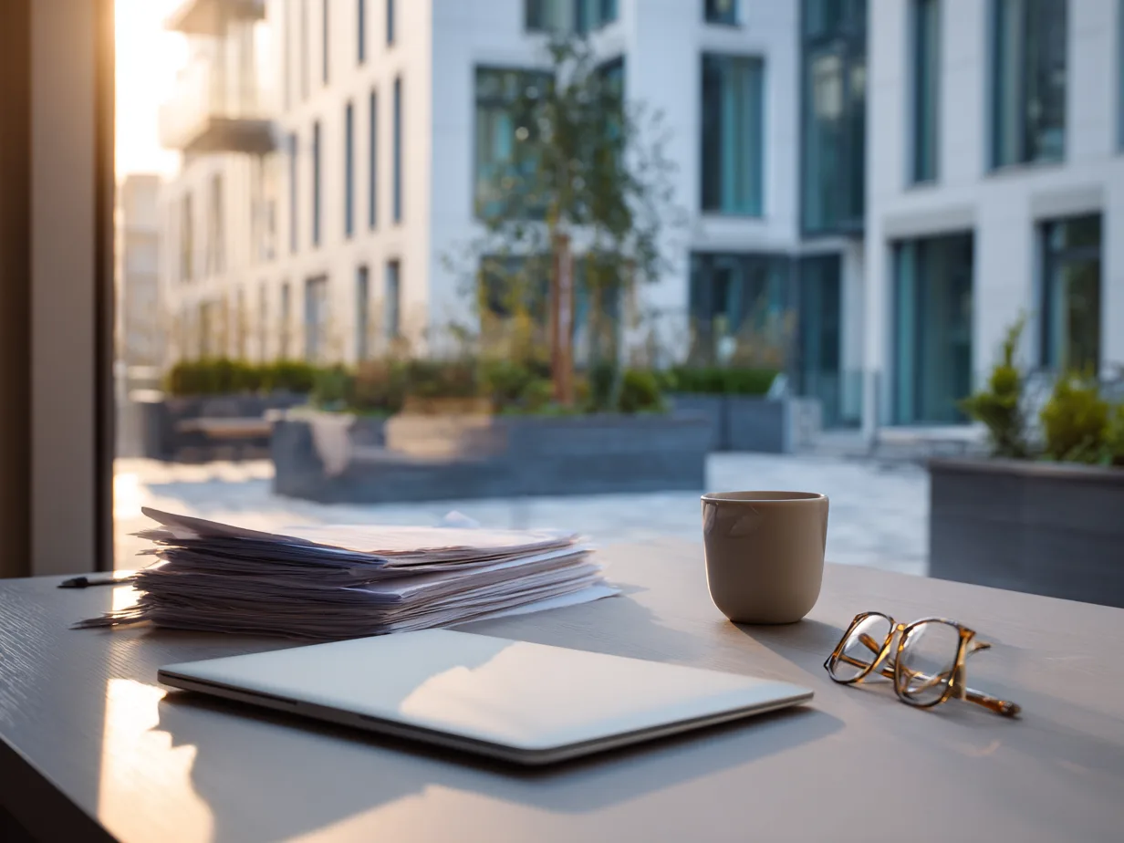 A closed laptop, a stack of paperwork and a cup on a desk in low sunlight, with the building's courtyard through the window behind
