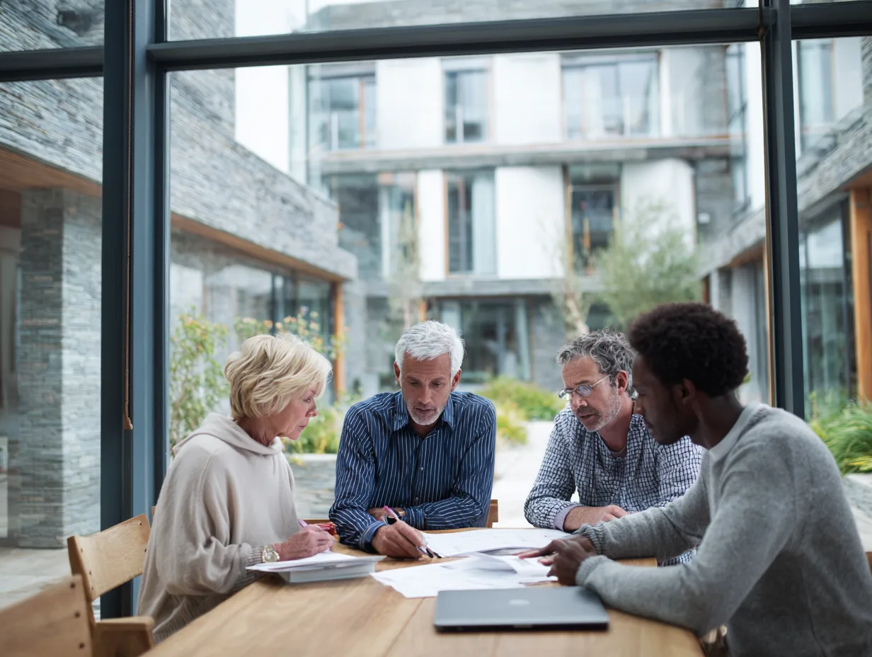 Four people around a table working through printed documents, with the building's courtyard through the window behind them