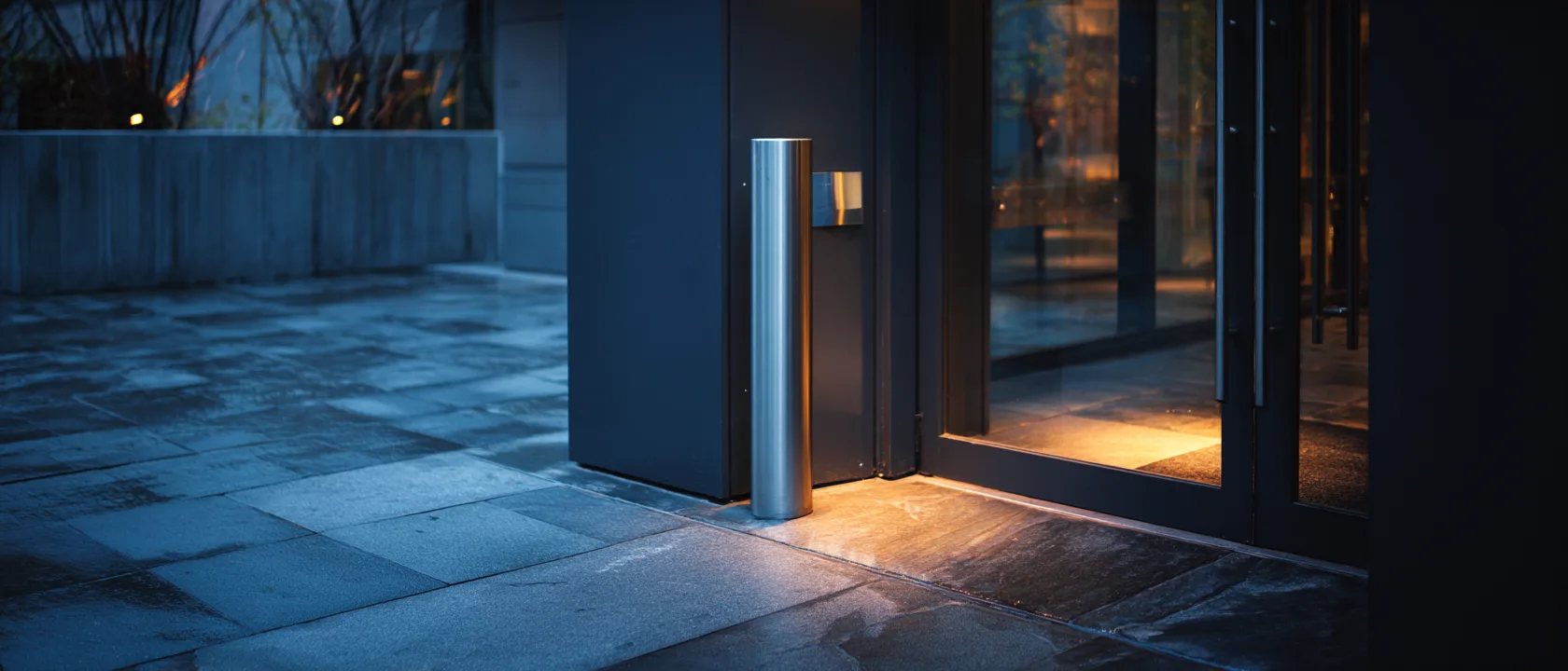 A lit residential entrance at dusk, with an access reader beside the glass door