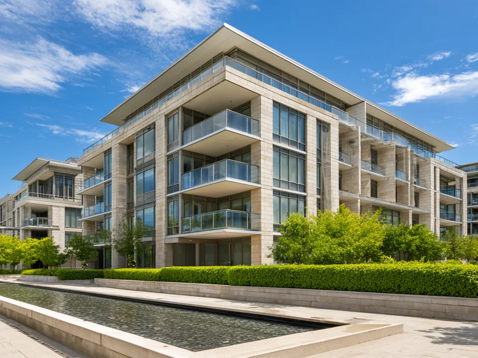 A modern condominium building above a landscaped forecourt and a long reflecting pool, on a clear morning